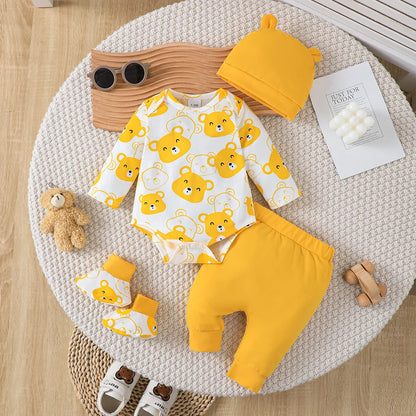0-9 Months Baby Boy Set – Little Bear Long Sleeve Bodysuit, Pants, Hat & Socks for Spring & Autumn Newborns