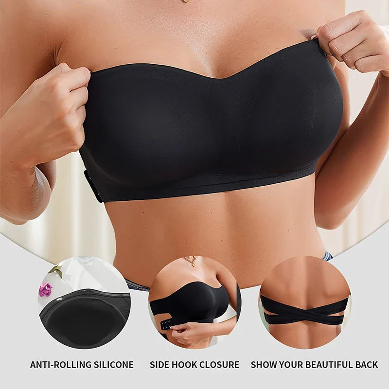 Women’s Strapless Push-Up Bra – Removable Padded Seamless Ice Silk Top, Invisible Anti-Slip Off-Shoulder Bra