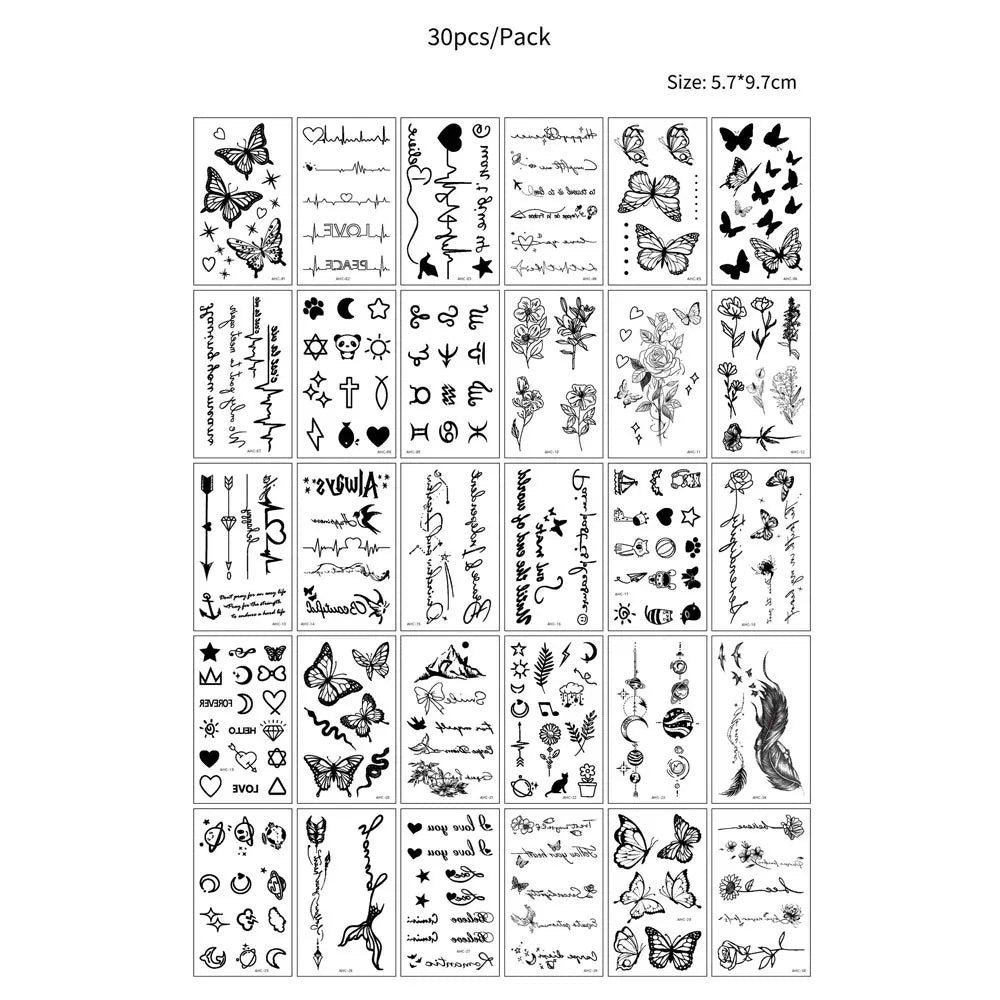 30pcs Black Temporary Tattoo Stickers - Flower Butterfly Rose Moon Star Mandala Designs for Hand, Chest & Body Art