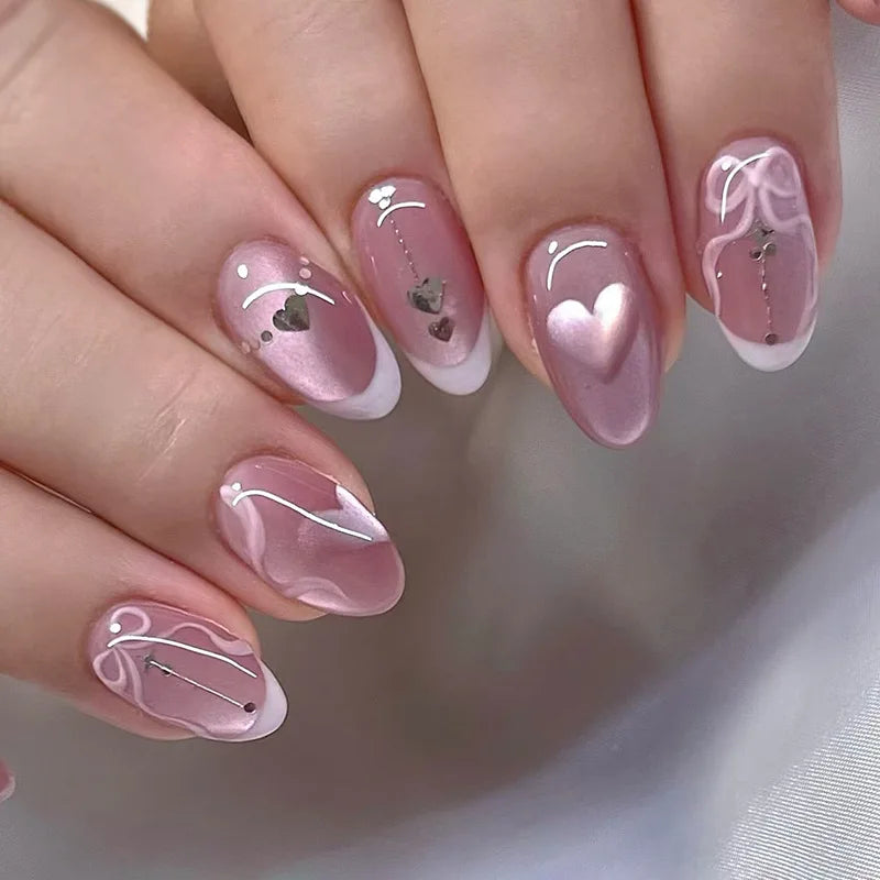 24PCS Glossy Red Cat Eye Press-On Nails Almond Full Cover Reusable Fake Nail Set