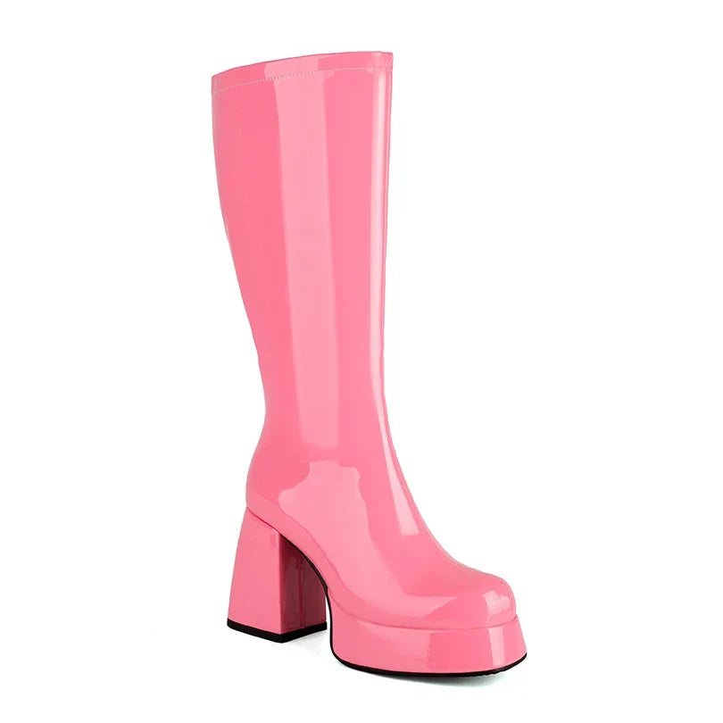 Women’s Plus Size Patent Leather Knee Boots - Square Toe Platform Thick Heel Plush Lined Side Zipper Boots