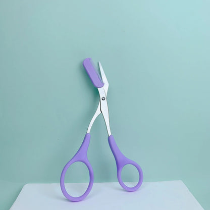 Pink Eyebrow Trimming Scissors - Stainless Steel Brow Grooming Tool with Built-In Comb