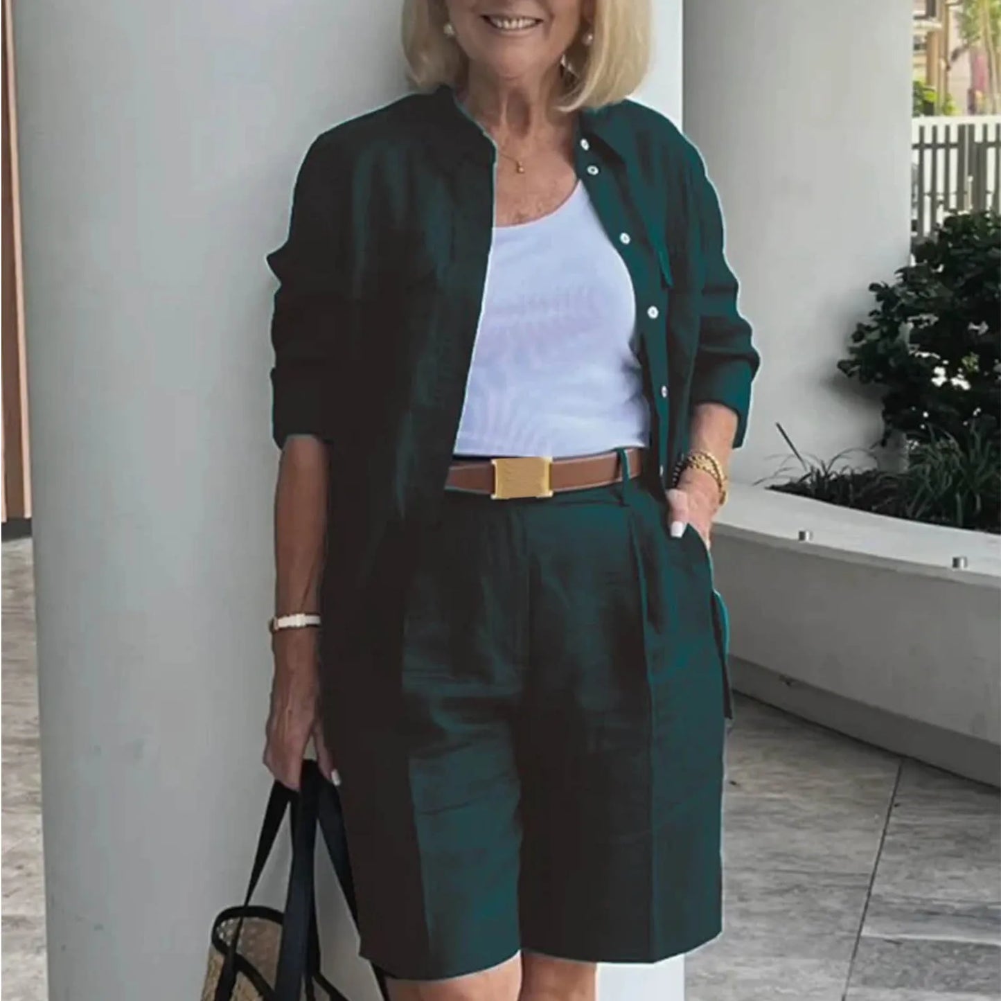 Women’s 2 Piece Summer Outfit Set - Solid Color Cardigan Shirt Top & Casual Shorts Matching Ensemble