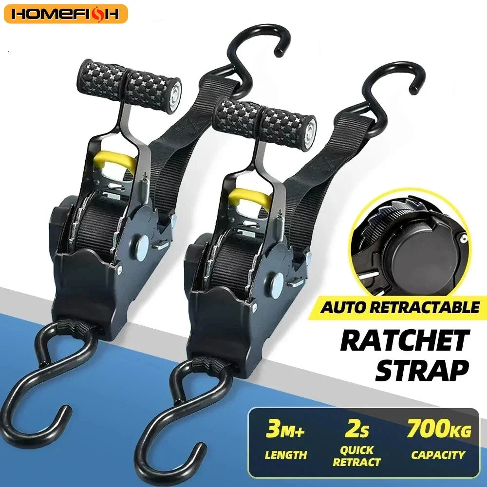 Retractable Cargo Tie Down Straps - Heavy Duty Ratchet Tensioner Belt for Car, Motorcycle and Luggage Loads