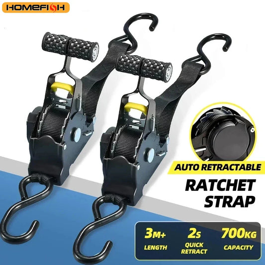 Retractable Cargo Tie Down Straps - Heavy Duty Ratchet Tensioner Belt for Car, Motorcycle and Luggage Loads