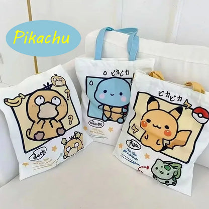 Pokemon Canvas Shoulder Bag - Pikachu Psyduck Squirtle Large Capacity Reusable Casual Handbag for Women Shopping