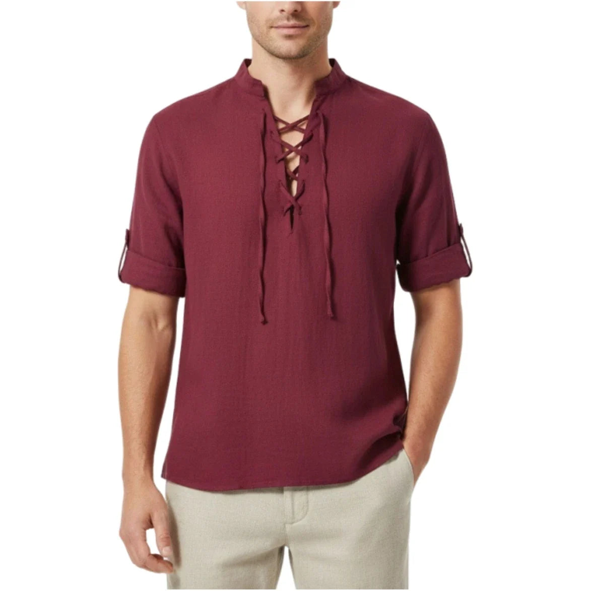 Men's Retro Linen Lace-Up Shirt - Long Sleeve Stand Collar Medieval Pirate Viking Renaissance Casual Top
