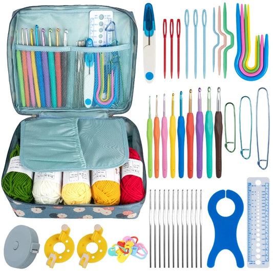 Knitting Crochet Hook Set - DIY Sewing Craft Tools with Bag, Ergonomic Handles & Blunt Needles