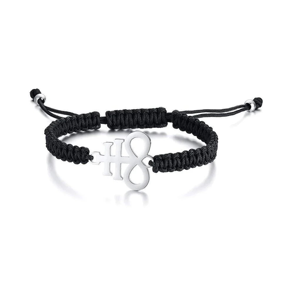 Leviathan Cross Woven Bracelet - Stainless Steel Satanic Style Totem Black Adjustable Knot Wrist Jewelry