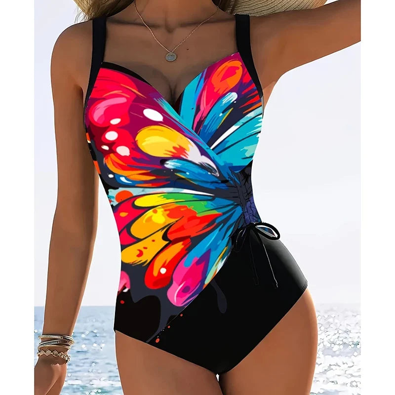 Printed V Neck One Piece Swimsuit - Women's Slim Fit Side Drawstring Bodysuit Beachwear Bathing Suit
