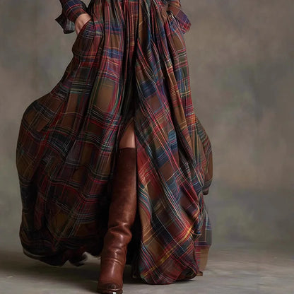 Women’s Plaid Maxi Shirt Dress – Autumn Casual Long Sleeve Button Pocket Lapel Retro Dress