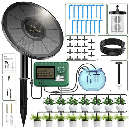 Solar Drip Irrigation System Kit – Automatic DIY Garden Watering Timer with Display Screen for Plants & Travel Use