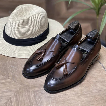 Men’s Genuine Leather Tassel Loafers - Vintage Slip-On Casual Social Dress Shoes Size 37-45