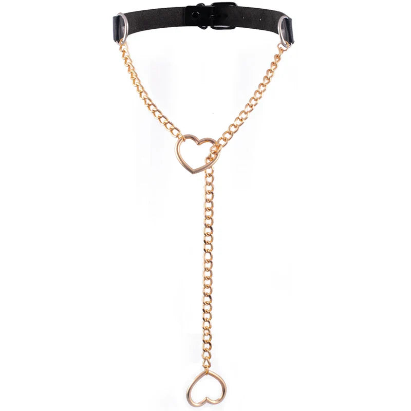 Heart Slip Chain Necklace – Black Leather Gothic Choker for Women, Punk & Goth Jewelry