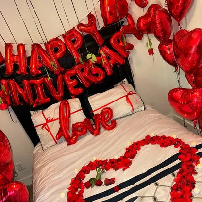 Happy Anniversary Foil Balloons - Wedding Banner Decoration Set for Bridal Shower, Valentine’s Day & Love Celebrations