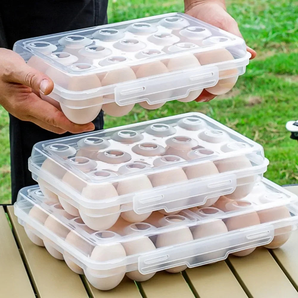 Plastic Egg Storage Holder - Portable Refrigerator Egg Organizer Tray with Lid for Fridge Camping & Outdoor Use