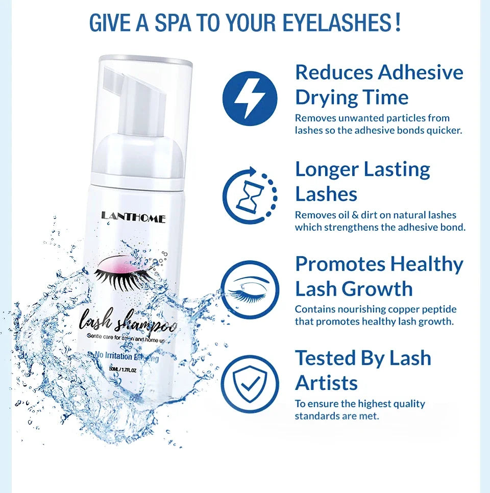 50ml Lanthome Eyelash Extension Shampoo Foam – Deep Clean Eyelid Cleanser for Makeup Tools, Mascara Remover, Salon & Home Use