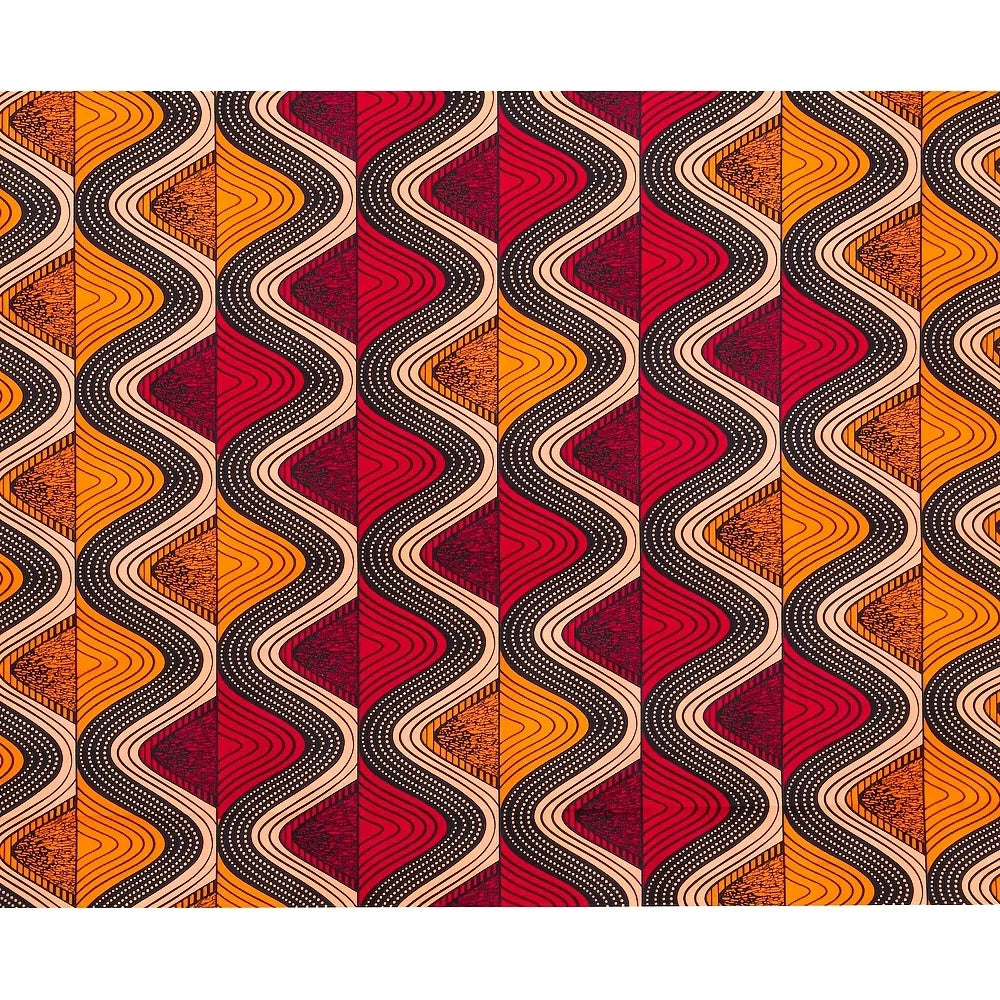 6 Yards African Ankara Batik Fabric - Red Yellow Geometric Wave Polyester Sewing Material