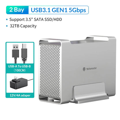 Yottamaster 1/2 Bay RAID Hard Drive Enclosure — 2.5"/3.5" SATA SSD/HDD External Case USB 3.1 Type-C 10Gbps, Supports Up to 2×16TB