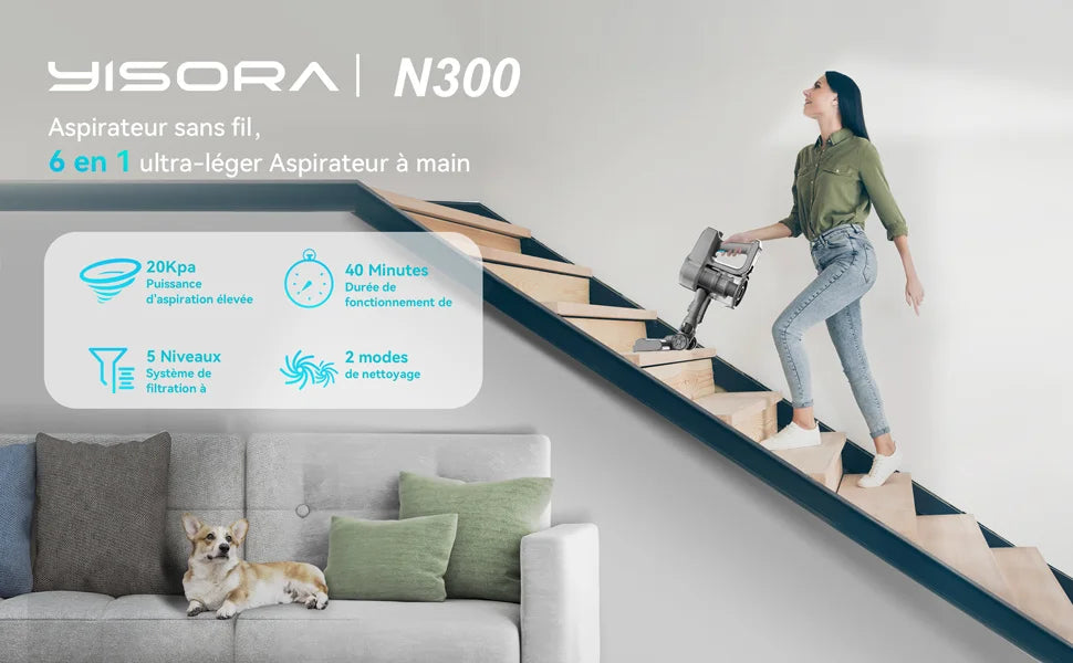 YISORA N300 Cordless Stick Vacuum Cleaner – 20Kpa Suction, Ultra Lightweight for Carpet, Hard Floors, Car & Pet Hair