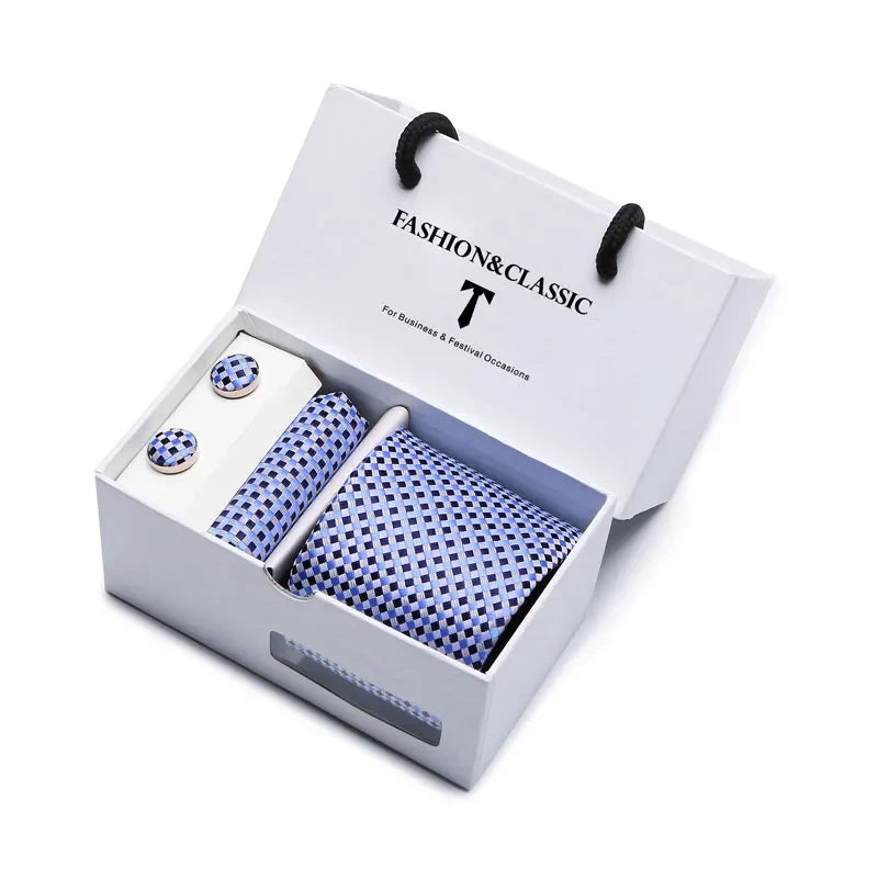Black Paisley Tie Set - Men's Necktie, Pocket Square & Cufflinks Gift Box for Weddings & Formal Wear
