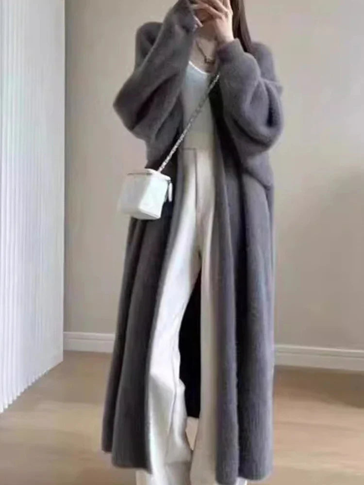 Autumn/Winter Women’s Lazy Style Knee-Length Cardigan – Thickened Imitation Mink Fleece Knitted Sweater, Warm Coat