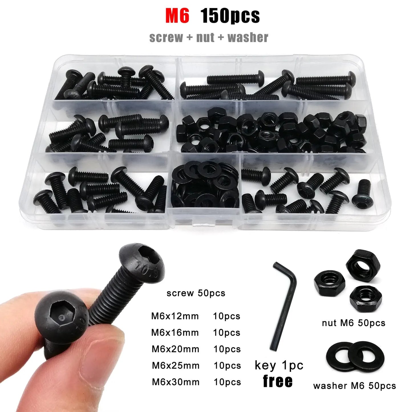 M1.6-M8 Black Grade 10.9 Steel Allen Hexagon Screw Bolt Nut Washer Kit – Round Head Set Box
