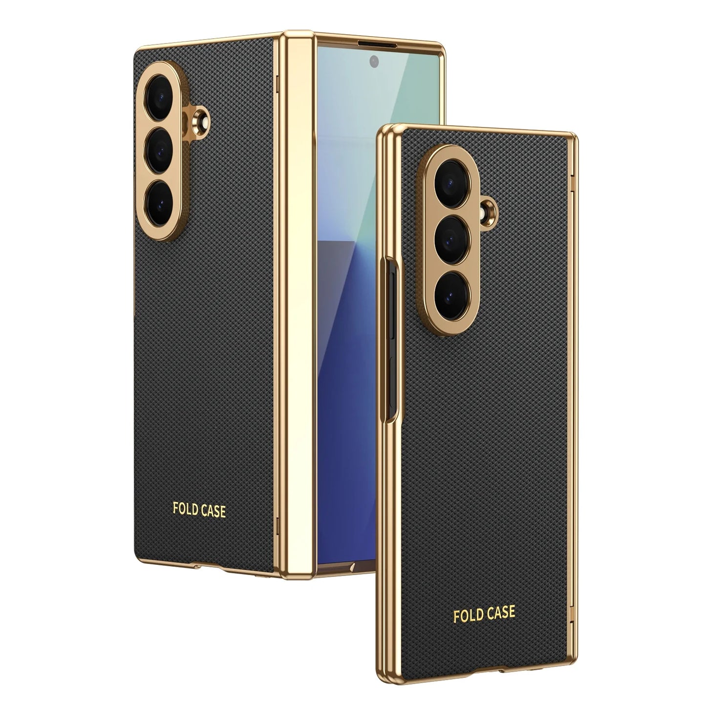 Samsung Galaxy Z Fold 4/5/6/7 Plaid Vegan Leather Case - Hinge Protection Cover with Clear Glass Protector