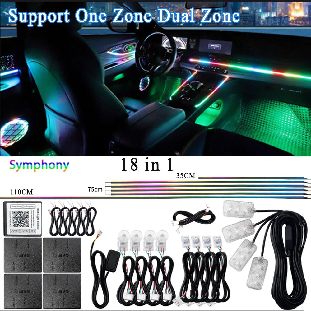 14/18 in 1 RGB LED Car Ambient Light - Acrylic APP Controlled Interior Atmosphere Lamp Kit with 64/213 Colors for One & Dual Zone Lighting