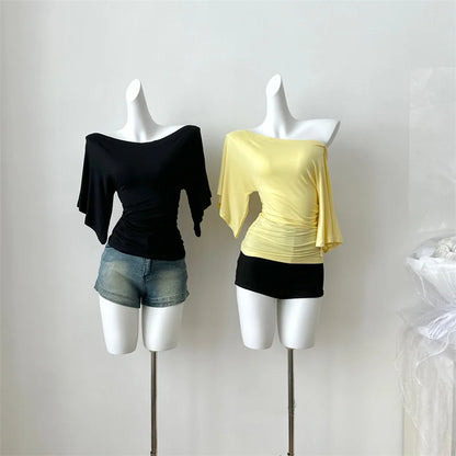 Women’s High Stretch Slash Neck Top - Slim Fit Flare Sleeve Pleated Summer Solid Color T-Shirt