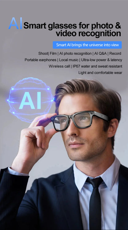Smart AI Glasses — Video Recording, Photo Recognition, Translation, Bluetooth with 260mAh Battery, IP65 Waterproof