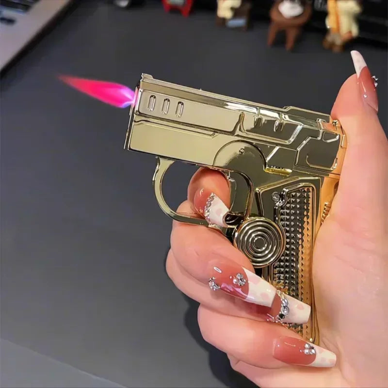 Folding Gun Style Lighter - Windproof Butane Jet Flame Metal Lighter with Laser