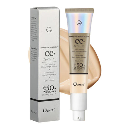 Ocheal 30g CC Cream Foundation – Waterproof Concealer, SPF 50+ Moisturizing Sunscreen, Long-Lasting Brightening Makeup Primer