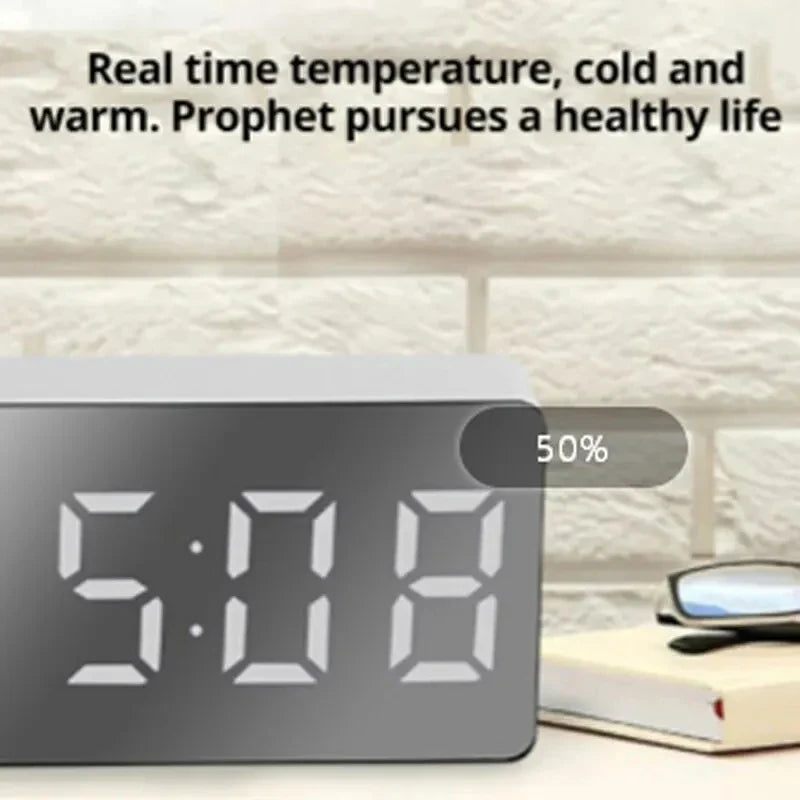 White LED Mirror Alarm Clock – USB Desktop Clock with Time Display, Snooze & Night Light for Home Decor