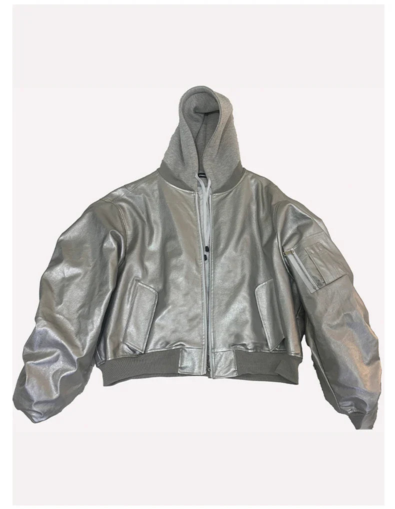 Mauroicardi Autumn Winter Oversized PU Leather Bomber Jacket for Men - Thickened Warm Hooded Luxury Designer Coat