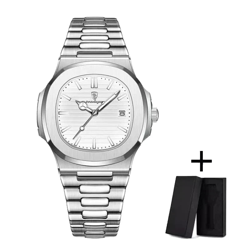 POEDAGAR Luxury Men's Watch – 30ATM Waterproof, Stainless Steel Square Quartz, Luminous Date, Business reloj hombre