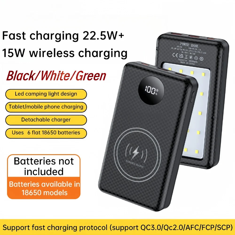 6×18650 20000mAh Power Bank Case – 22.5W Fast Charge & 15W Wireless Charging Battery Holder for Phones