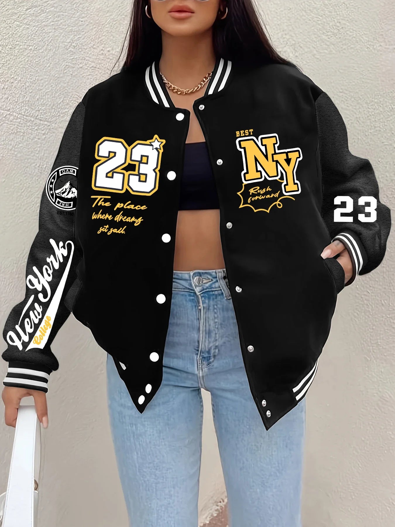 New York 23 Letter Print Women’s Harajuku Fleece Baseball Jacket – Vintage Button-Up Loose Streetwear Jersey Coat