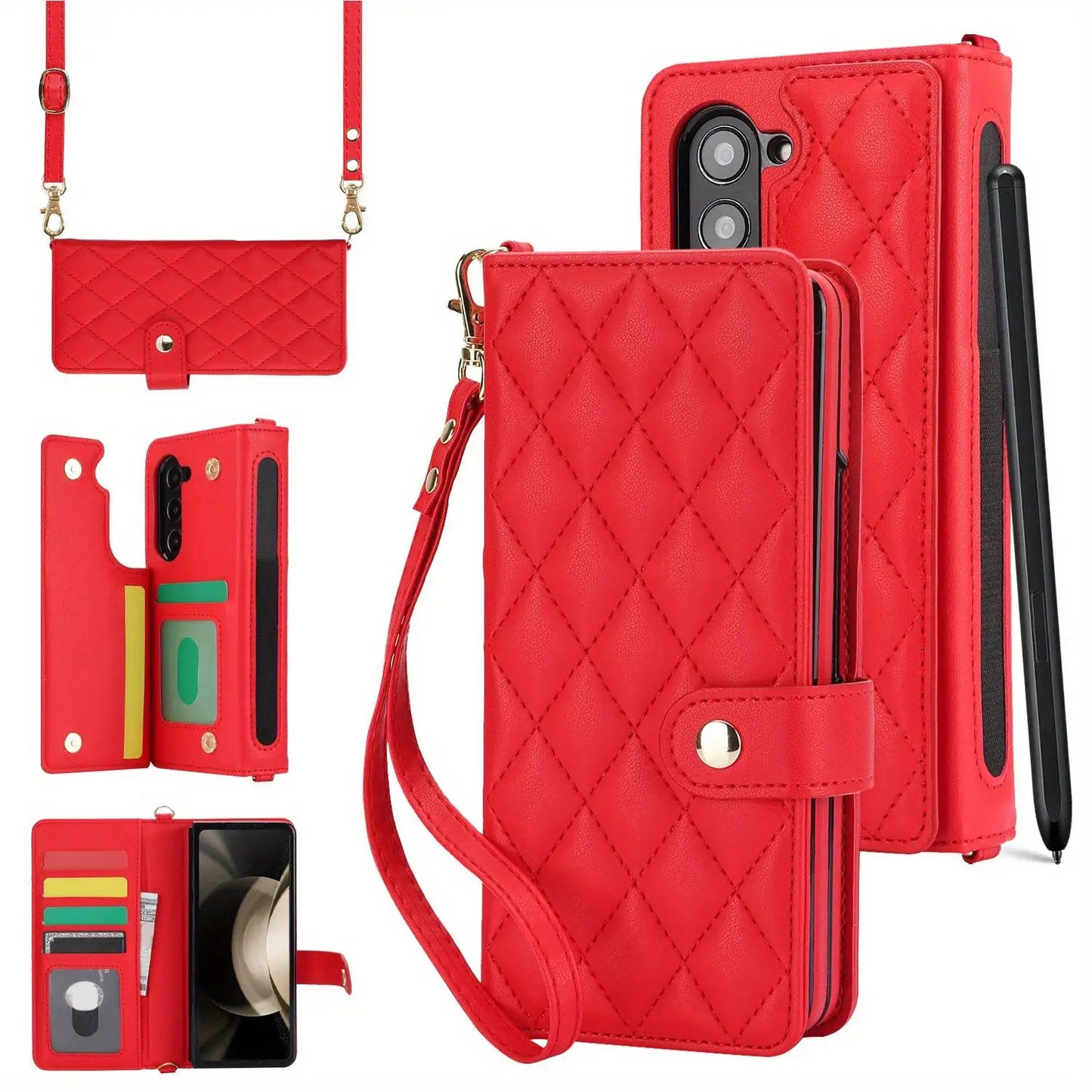 PU Leather Flip Wallet Case for Samsung Galaxy Z Fold 6/5/4/3 5G – Card Holder, Wrist Strap, Crossbody Stand Cover