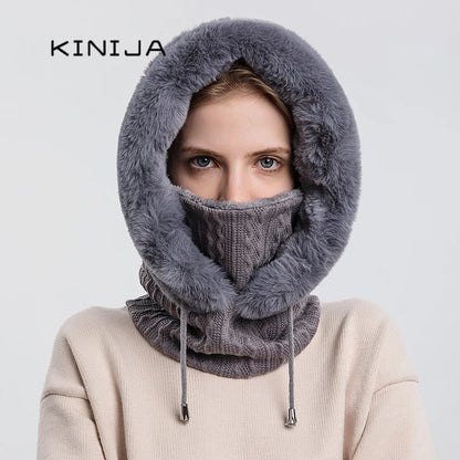 Winter Fur Cap Mask Set – Hooded Knitted Cashmere Neck Warmer, Plush Windproof Balaclava Ski Beanie for Women