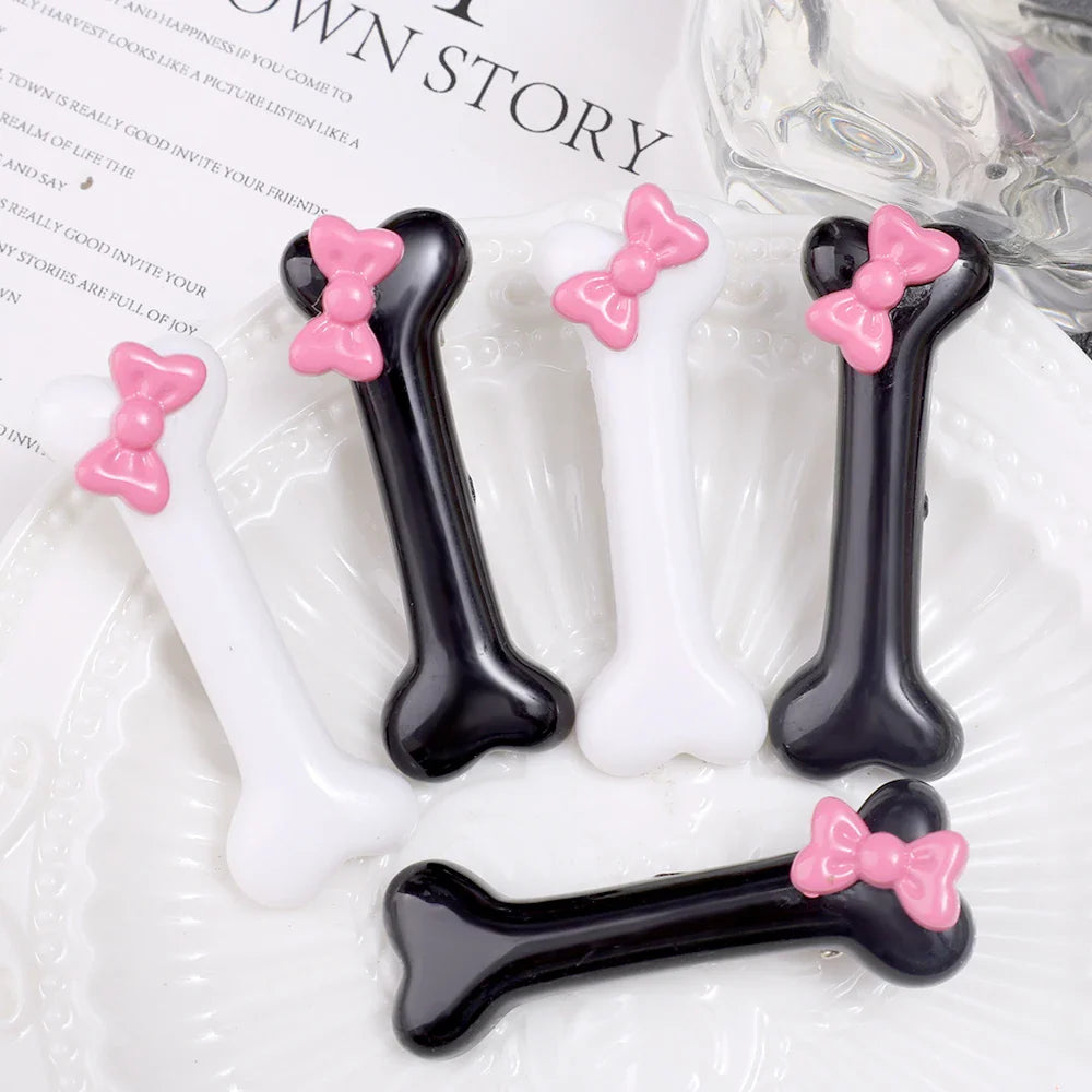Kawaii Bow Dog Bone Hair Clips – Cute Black & White Bone Hairpins for Girls, Duckbill Barrettes Accessories