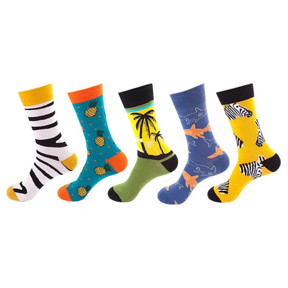 5-Pair Men’s Cotton Sports Socks Pack - Hip Hop Harajuku Pastel Print Long Tube Running Casual Socks