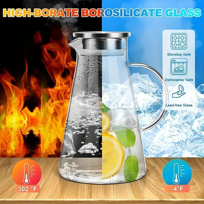 Transparent Glass Water Jug - Heat Resistant Cold Water Kettle with Handle & Large Capacity Household Drink Pitcher