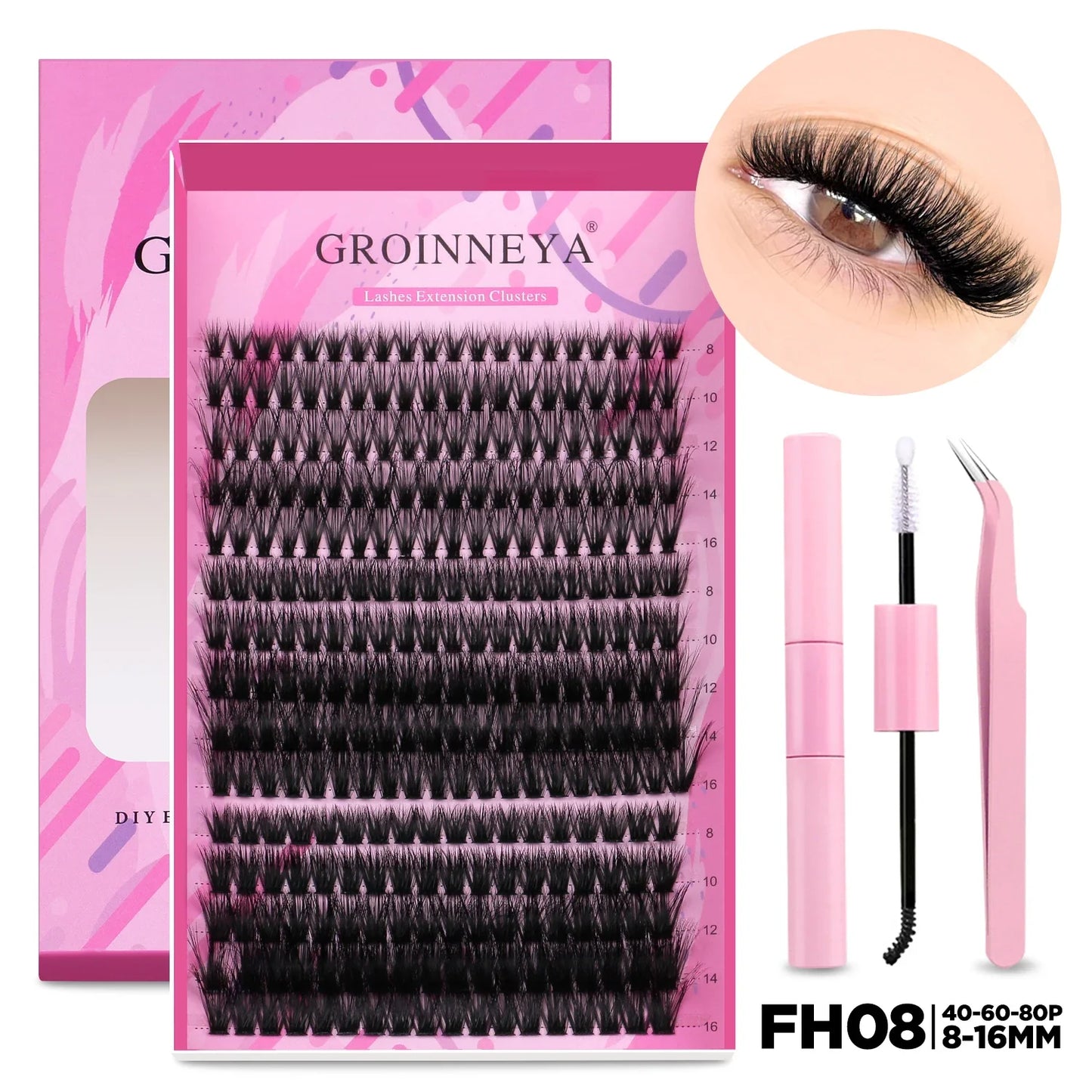GROINNEYA DIY Lash Extension Kit – Individual & Cluster Lashes Full Set with Lash Bond and Seal for At-Home Use