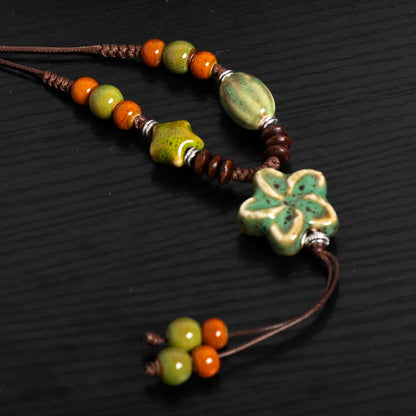Nature-Inspired Ceramic Pendant Necklace - Handmade Adjustable Boho Ethnic Green Blossom Artisan Jewelry for Women