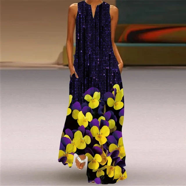 Women’s Retro V-Neck Summer Dress - Sleeveless Printed Maxi Swing Skirt with Loose Comfortable Fit