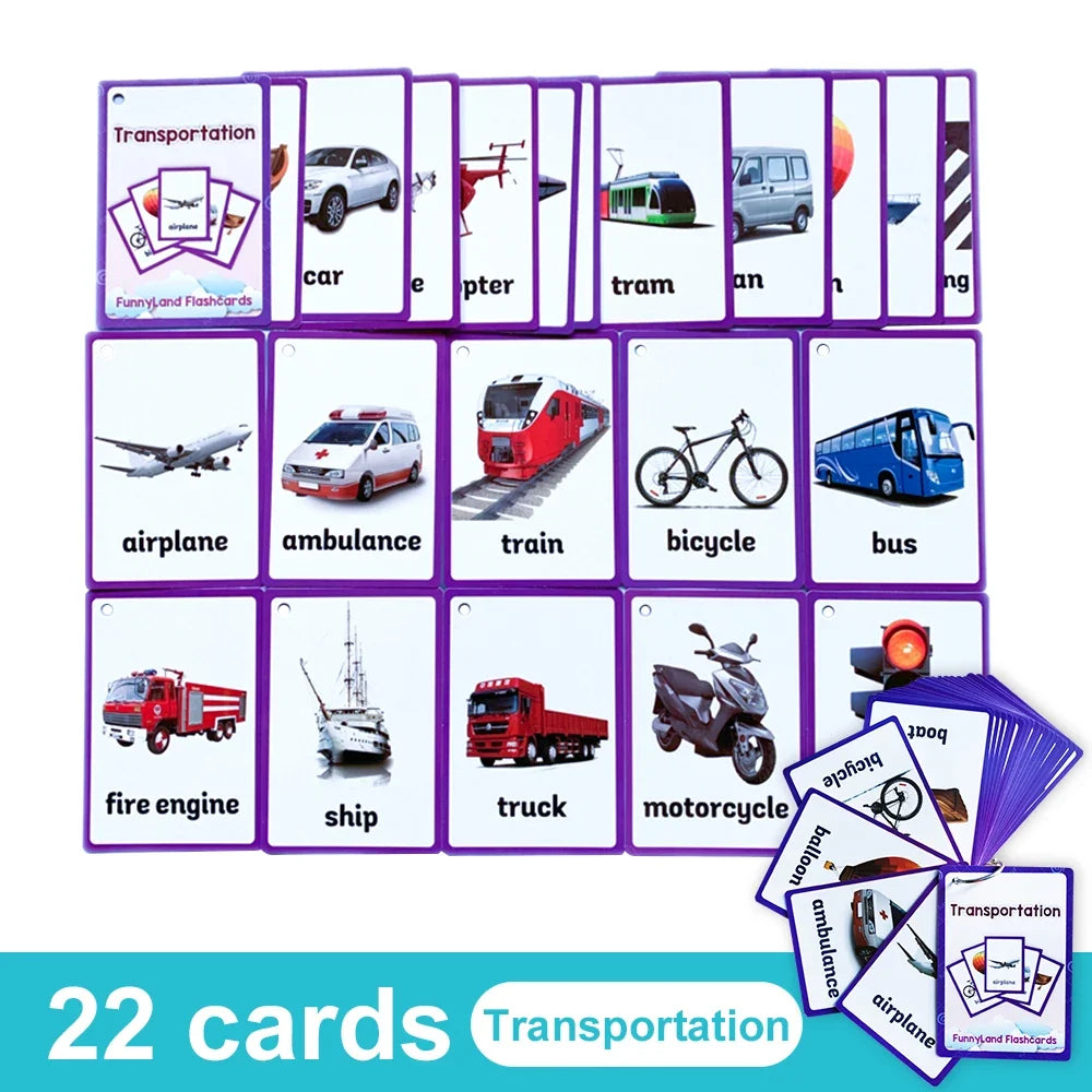 Kids English Vocabulary Flashcards - 26 Themes Fruits Animals Vehicles & Learning Activity Cards
