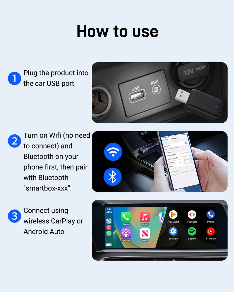 2025 Wireless CarPlay & Android Auto Adapter | 2-in-1 Smart Mini Box with WIFI & Bluetooth for Toyota, Volvo, Benz, MG, Kia, Mazda, Ford