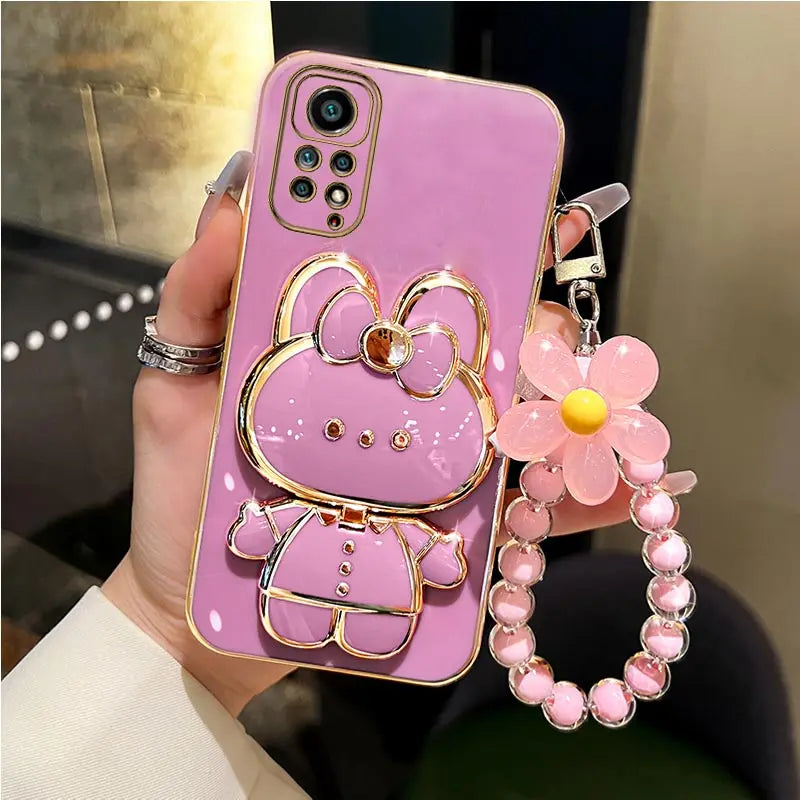 Mirror Rabbit Flower Strap Case for Xiaomi Redmi Note 11 / 12 / 10 / 9 Series – Pro Max Stand Phone Cover with Decorative Strap & Protective Design