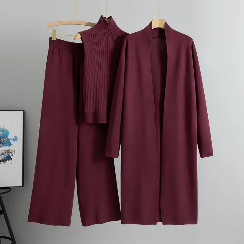 2025 Women’s 3-Piece Knitted Set – Elegant Winter & Autumn Cardigan, Sweater, and Wide-Leg Pants